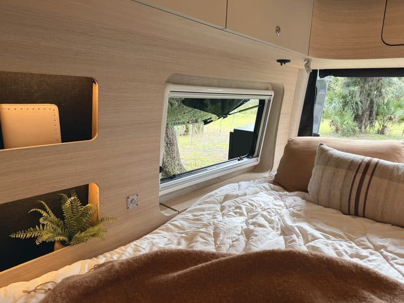 The bed beside a side window, wall cubbies and a fern