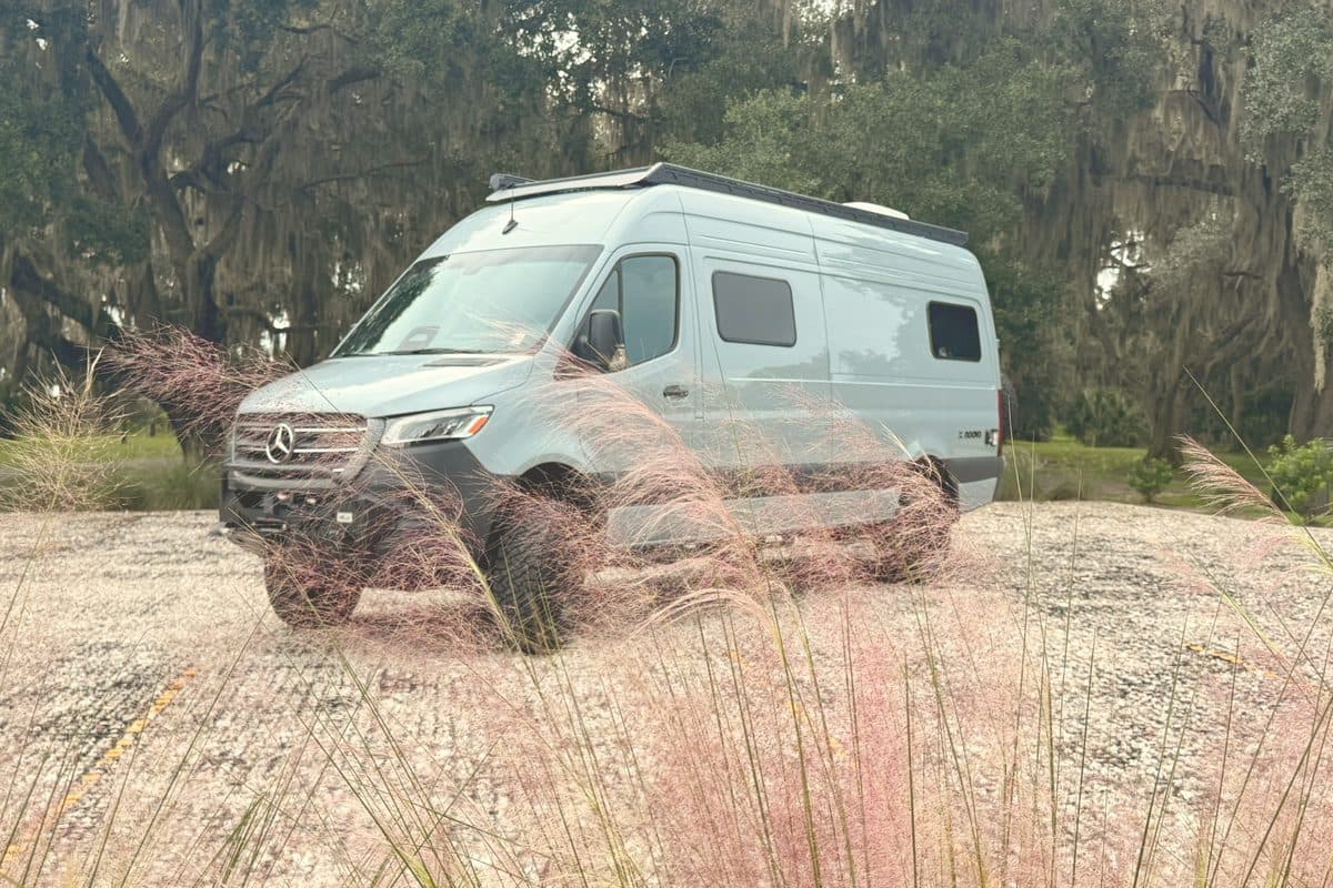 Nellie, a light gray 2026 Noovo Next AWD, parked in pink muhly grass under live oaks