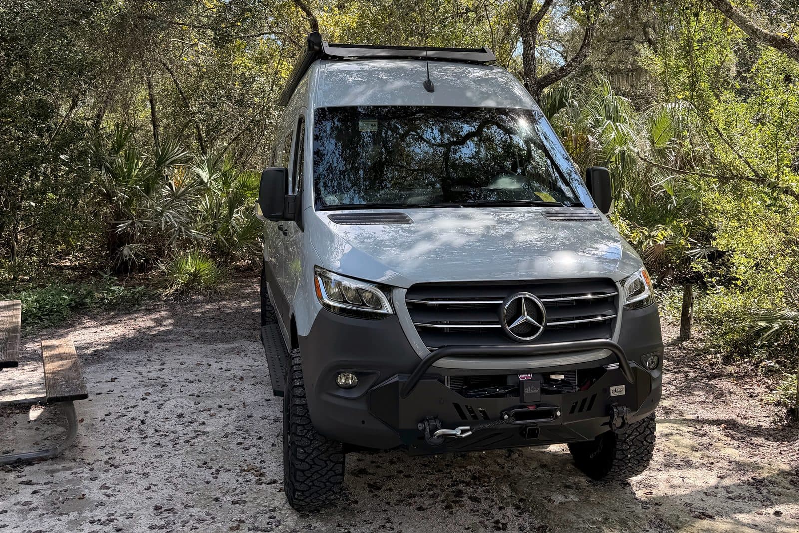 Nellie, a blue-gray Mercedes Sprinter camper van, parked front-on at sandy campsite 36 under oaks and saw palmettos at Blue Spring State Park, with a picnic table at left