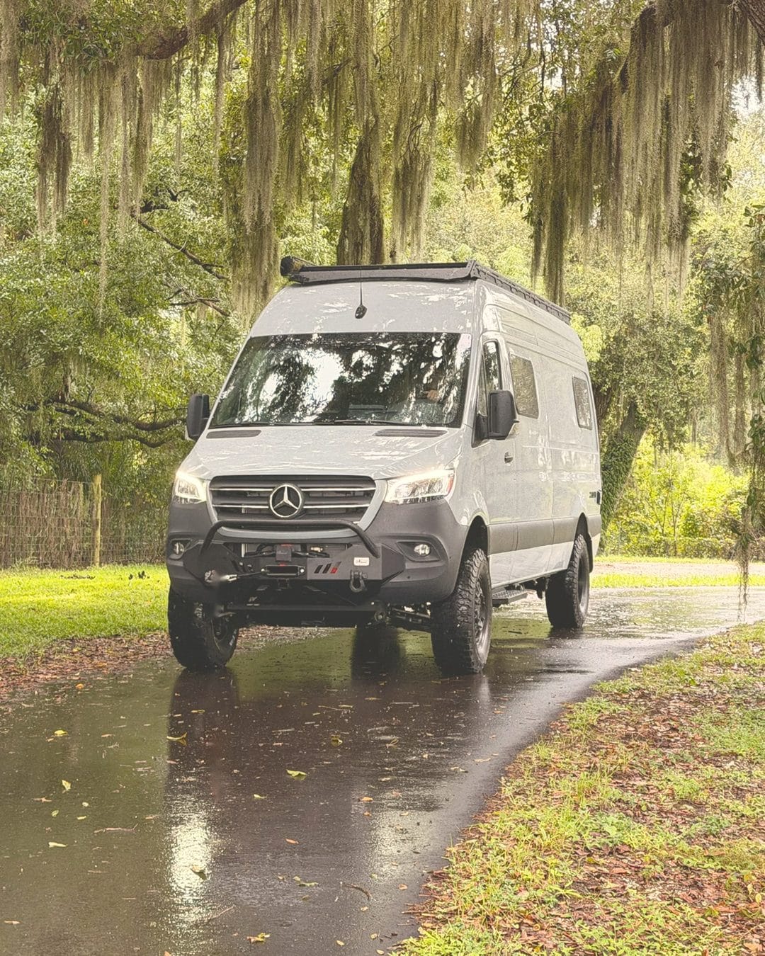 Nellie, a 2026 Noovo Next AWD, on a winding road under moss-draped live oaks