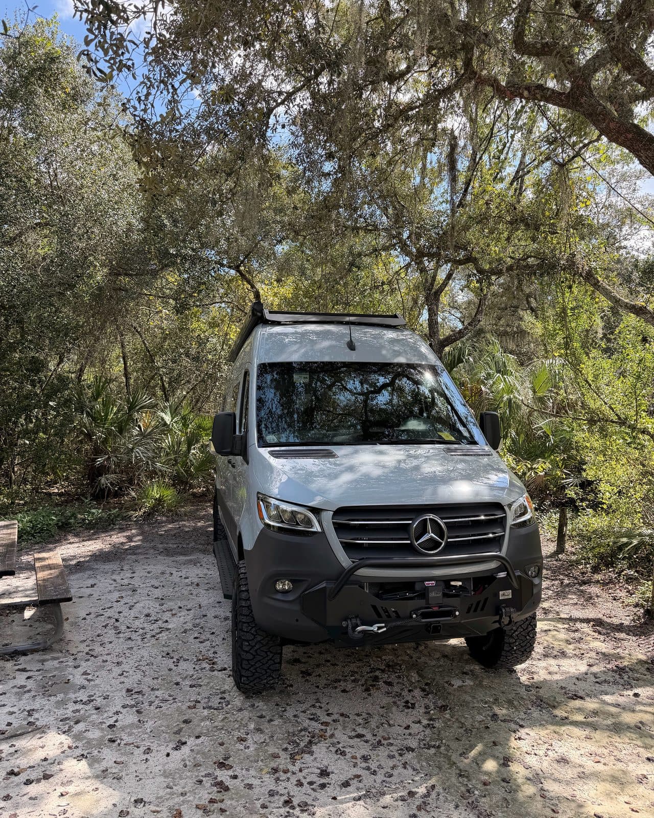 Nellie, a blue-gray Mercedes Sprinter camper van, parked front-on at sandy campsite 36 under oaks and saw palmettos at Blue Spring State Park in Orange City, Florida, with a picnic table at left