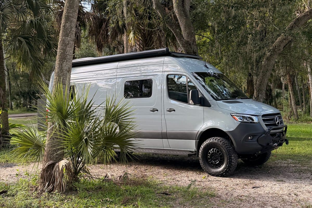 Nellie, our blue-gray Noovo Next camper van, parked under palms and live oaks with Spanish moss at Manatee Hammock Campground in Titusville, Florida