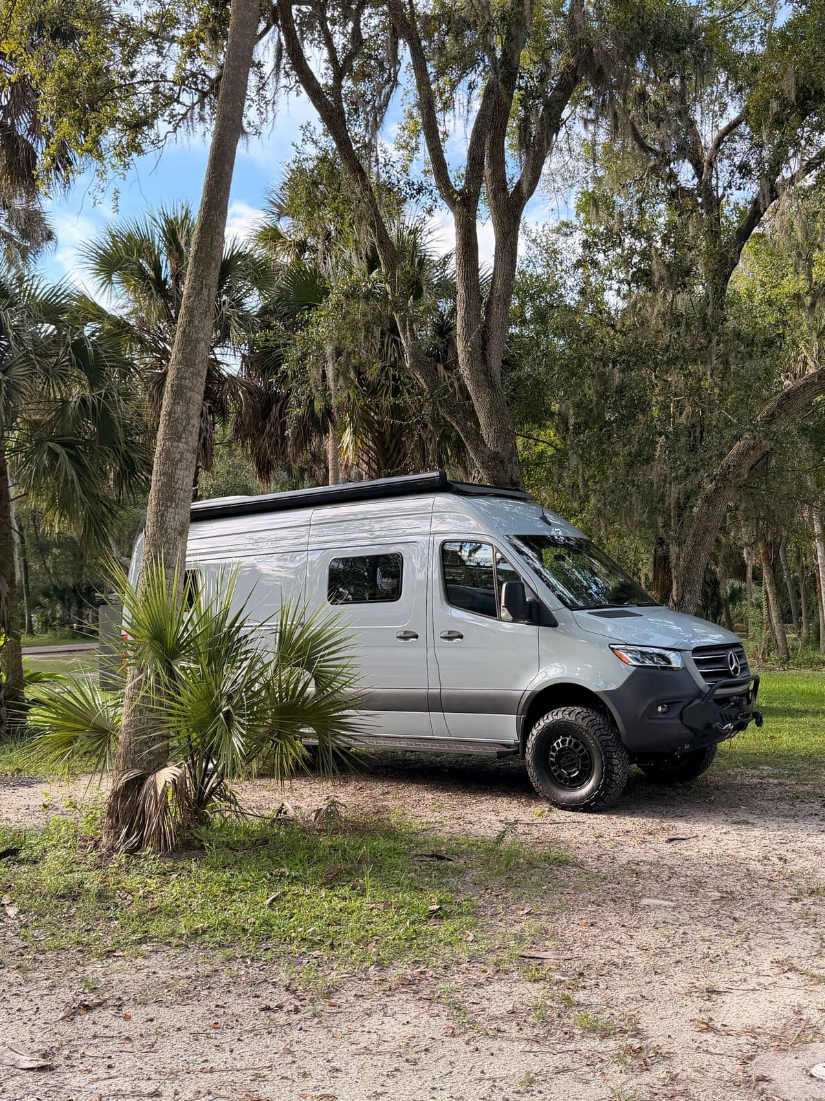 Nellie, our blue-gray Noovo Next camper van, parked under palms and live oaks with Spanish moss at Manatee Hammock Campground in Titusville, Florida