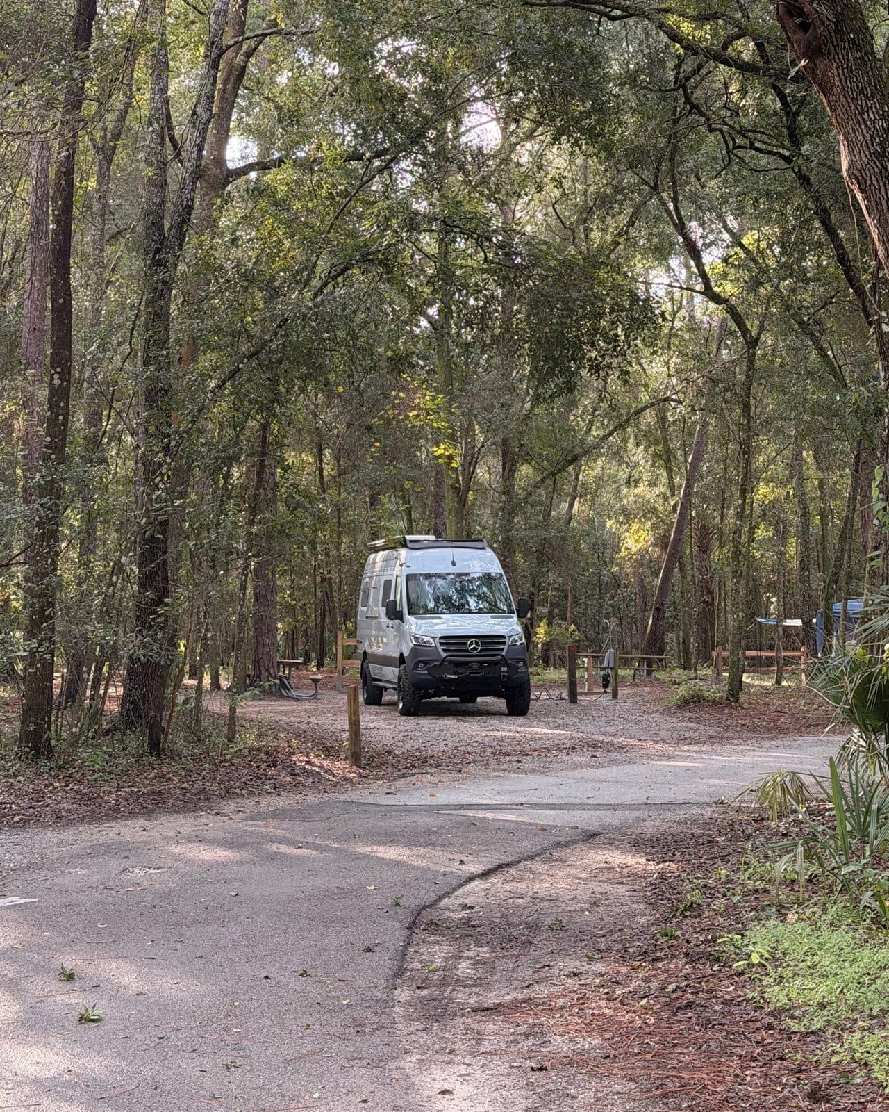 Nellie, a blue-gray Mercedes Sprinter camper van, parked at campsite 44 under tall oaks at Wekiwa Springs State Park in Apopka, Florida, with the paved camp loop road curving past in the foreground